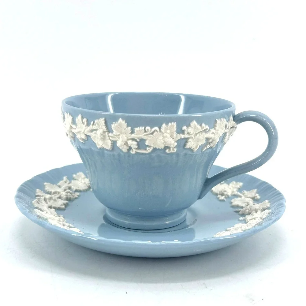 Wedgwood Queensware Cream on Lavender Blue Embossed Grapevine Tea Cup & Saucer